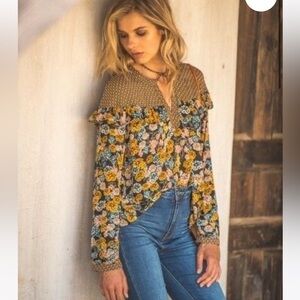 JODIFL women’s blouse Ruffle floral tie neck vintage style Large